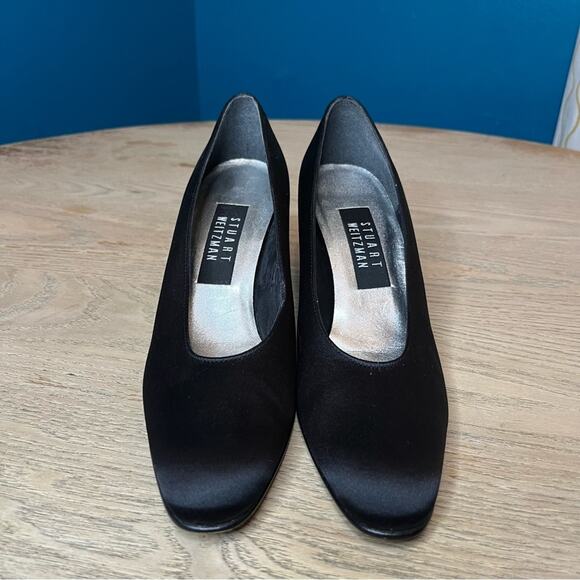Stuart Weitzman Vintage 90s Satin Block Heel Classic Pumps Black Size 7 - Picture 5 of 15